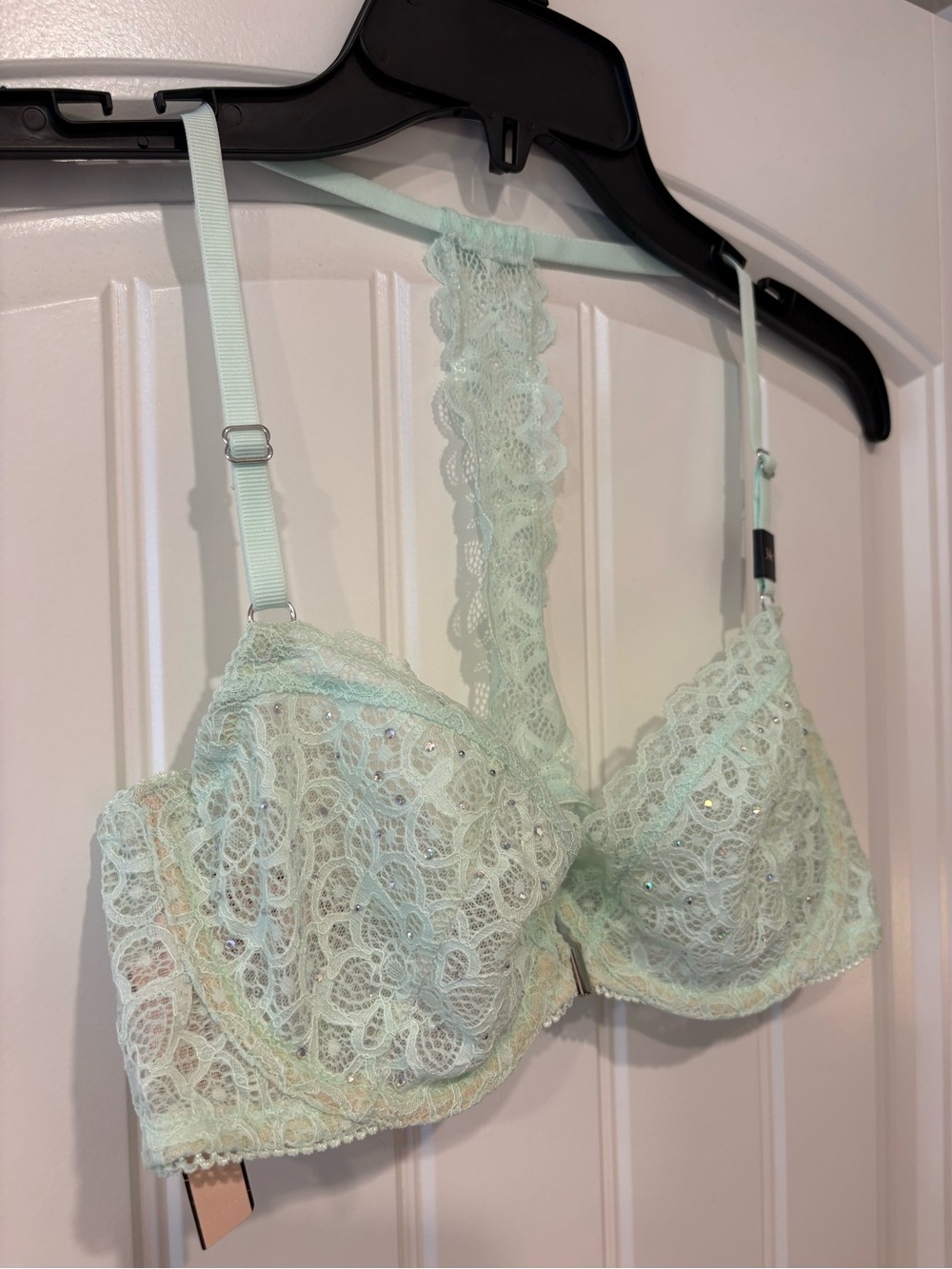 Victoria’s Secret Mint Green Lace Rhinestone Racerback Bra 34C NWT